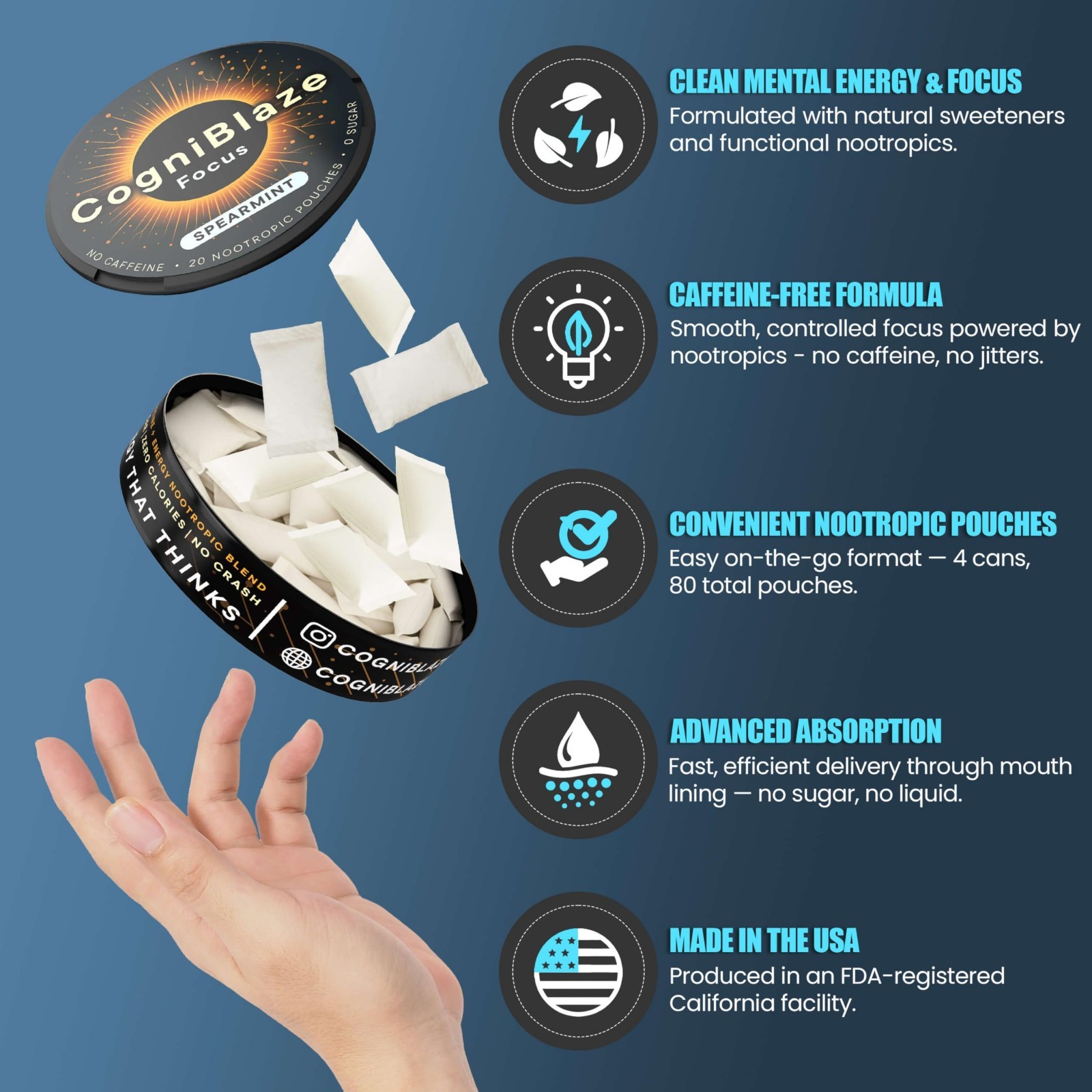 Caffeine-Free Nootropic Pouches – 80 Focus & Clarity Pouches | Mental Energy Boo