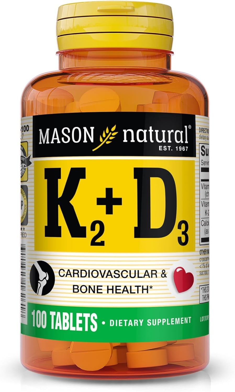 MASON NATURAL Vitamin K2 + D3, 100,Day Supply, with Calcium for Normal Bone and