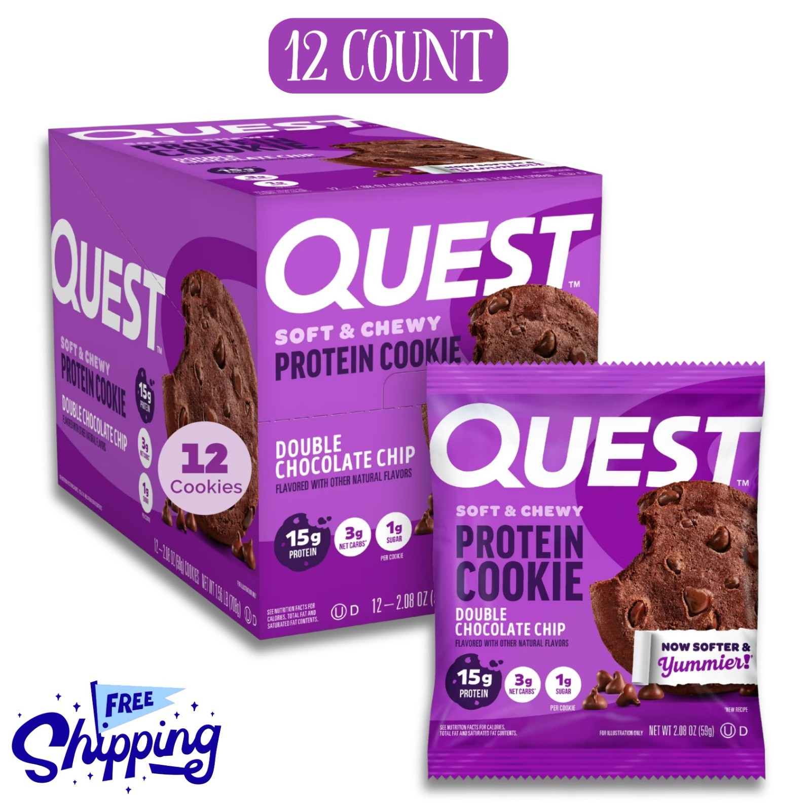 Quest Nutrition Double Chocolate Chip Protein Cookie, High Protein Low Carb 12ct
