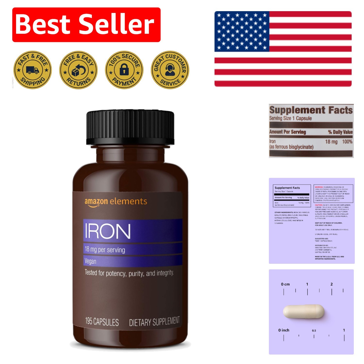 Iron 18mg Capsules – Support for Red Blood Cells & Energy, 195 Count