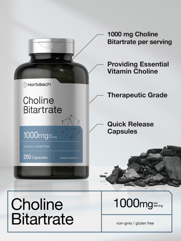 Choline Bitartrate | 1000mg | 250 Capsules | Non-GMO | by Horbaach