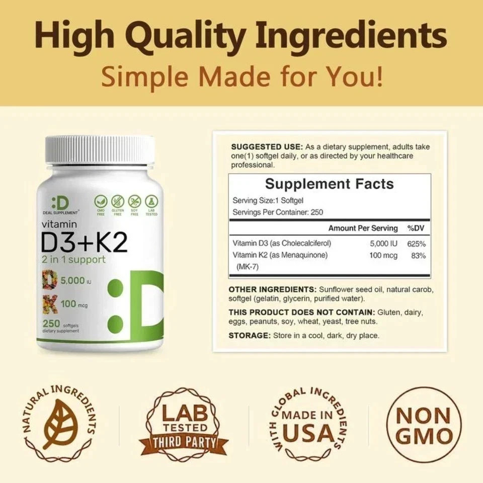 NEW 1PC Vitamin D3 + K2 DEAL SUPPLEMENT Immune Support Strong Bones