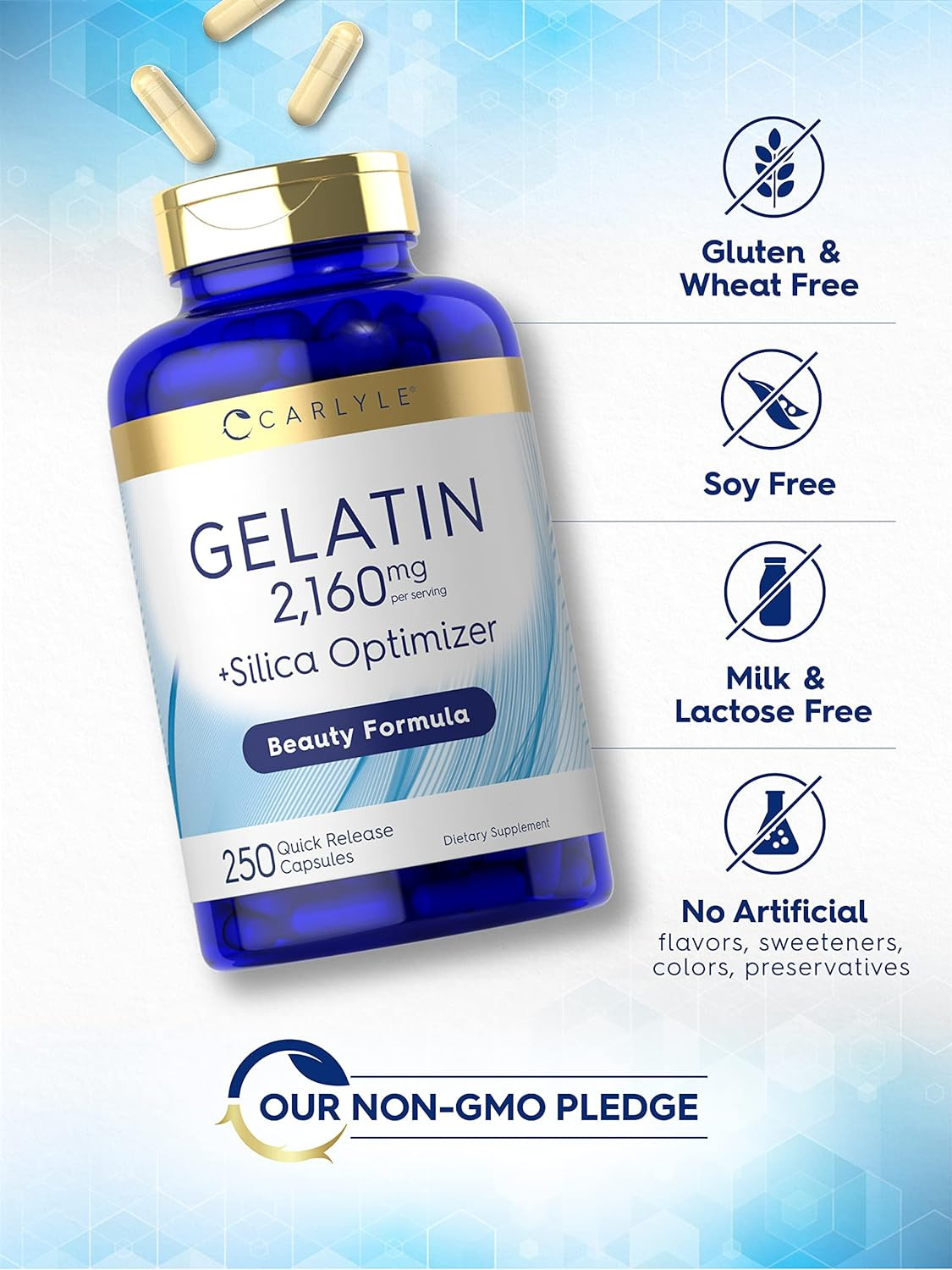 Gelatin Capsules 2160 Mg with Silica Optimizer 250 Count Non-Gmo, and Gluten Fre