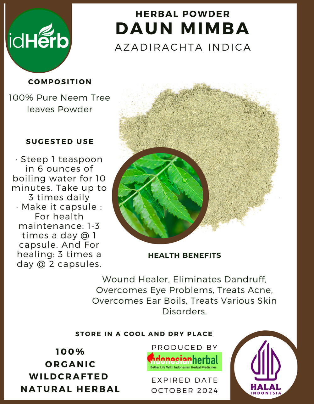 [idHerb] 50-500 gram Powder Neem Tree Azadirachta Indica Organic WildCrafted