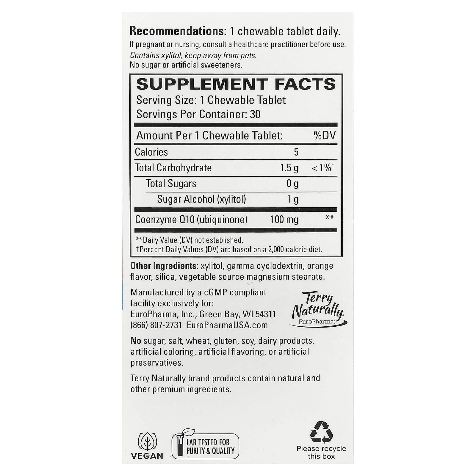 2 X Terry Naturally, CoQ10, Orange, 30 Chewable Tablets (100 mg per Tablet)