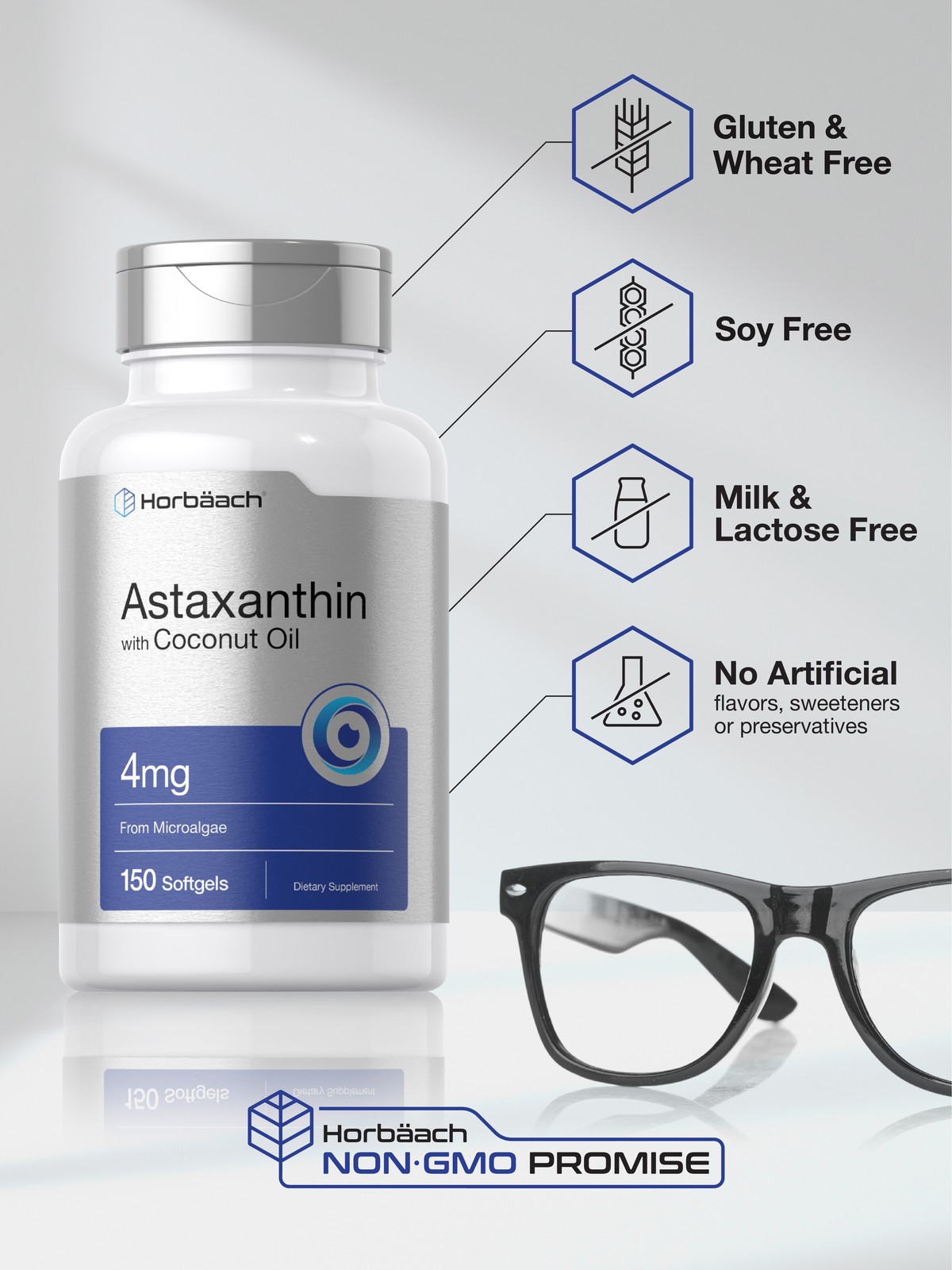 Astaxanthin 4mg 150 Softgels | with Coconut Oil | from Microalgae | by Horbaach