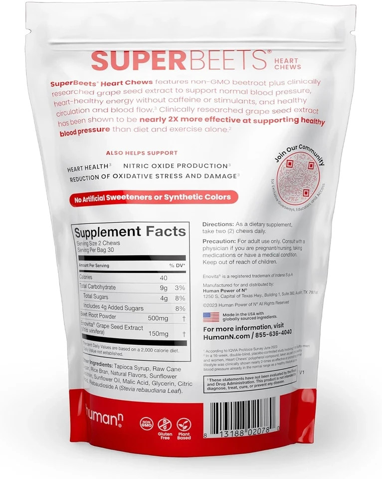 2 Pack HumanN – SUPER BEETS Heart Chews, Pomegranate, 60 Count,FREE SHIP