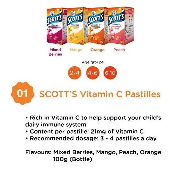 Scott’s Vitamin C 50 Pastilles Mango/Orange/Peach/Mixed Berries Flavor Halal