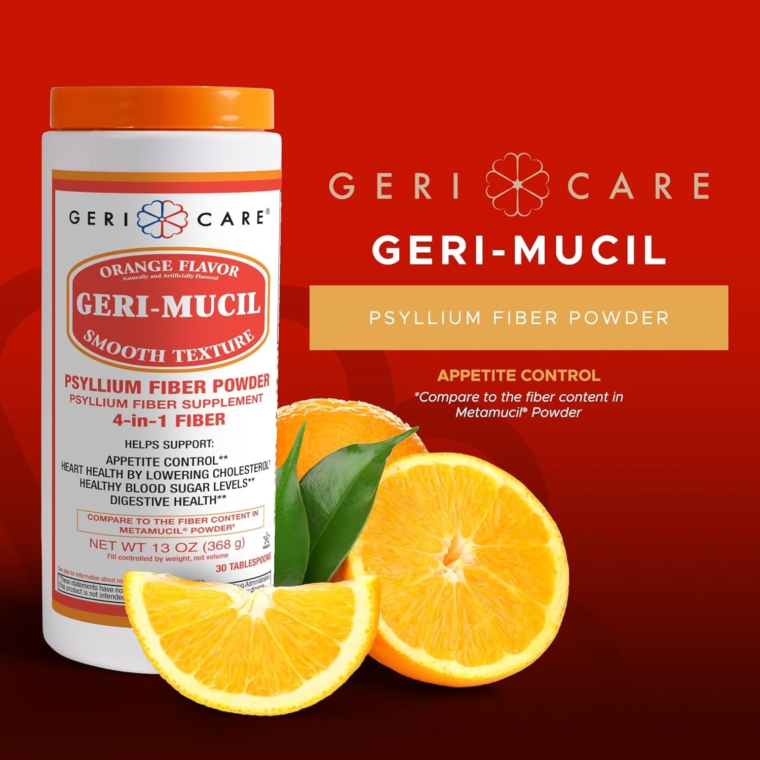Geri-Mucil Psyllium Husk Powder – 4-in-1 Orange Fiber Supplement, 13oz (2 Pack)