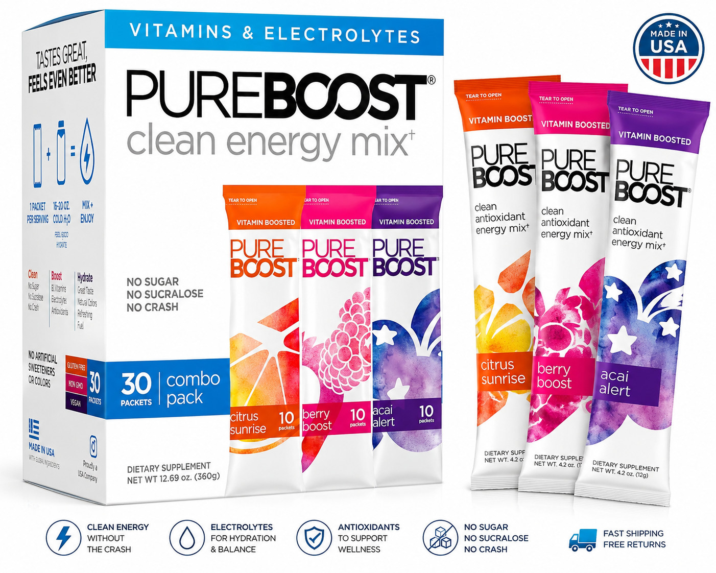 Pureboost Sugar Free Energy Drink Mix Combo Pack 30 Ct B12 Electrolytes USA