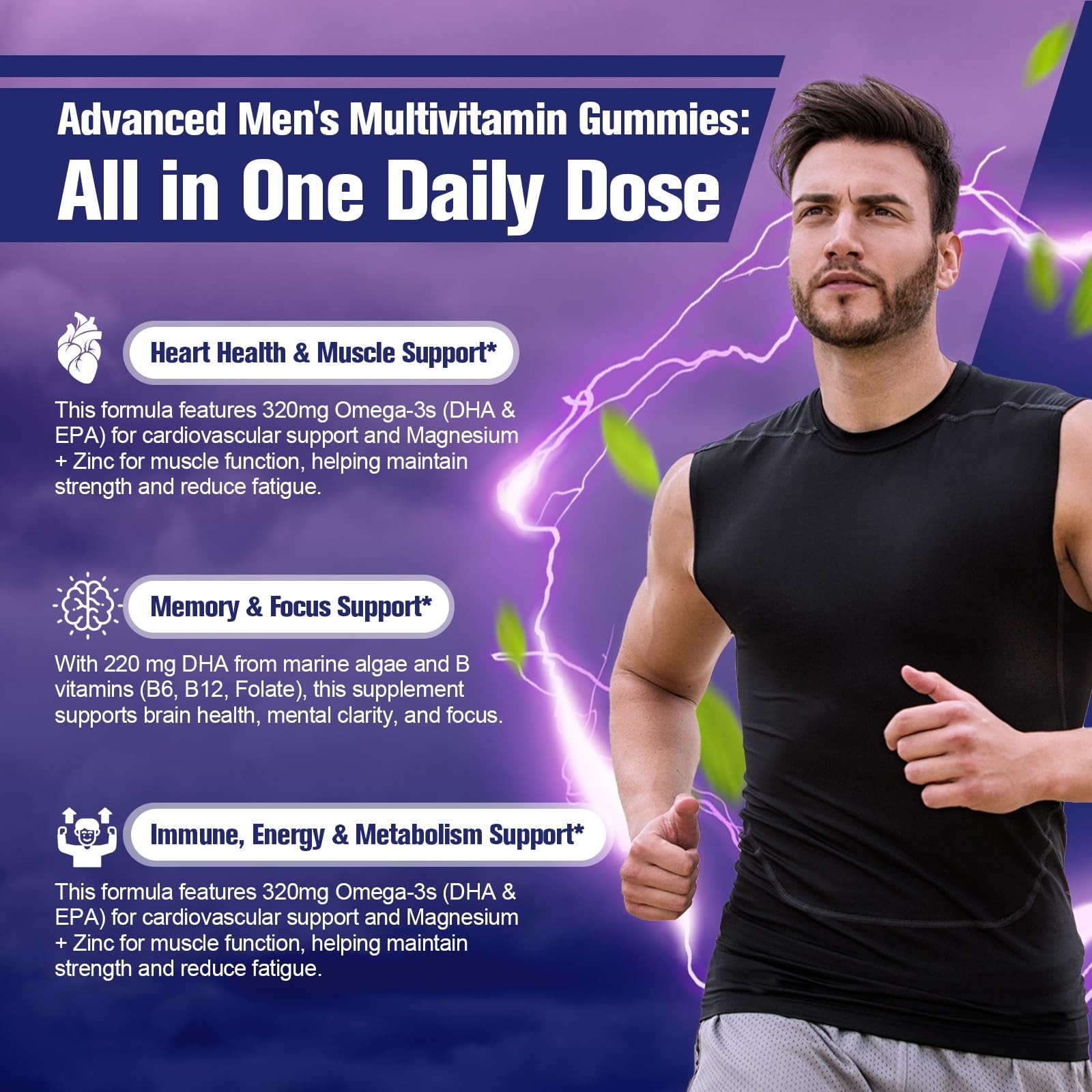 2-Pk Men’s Multivitamin Gummies w/ Omega-3, Probiotics, Inositol, Folate, Vit A,