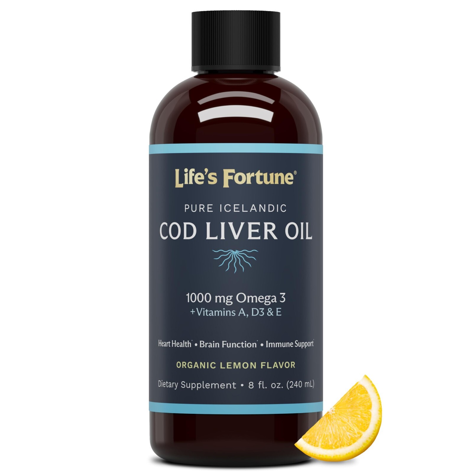 Life’s Fortune Cod Liver Oil Liquid Organic Lemon Flavor, Vitamin A, E & D, 8oz
