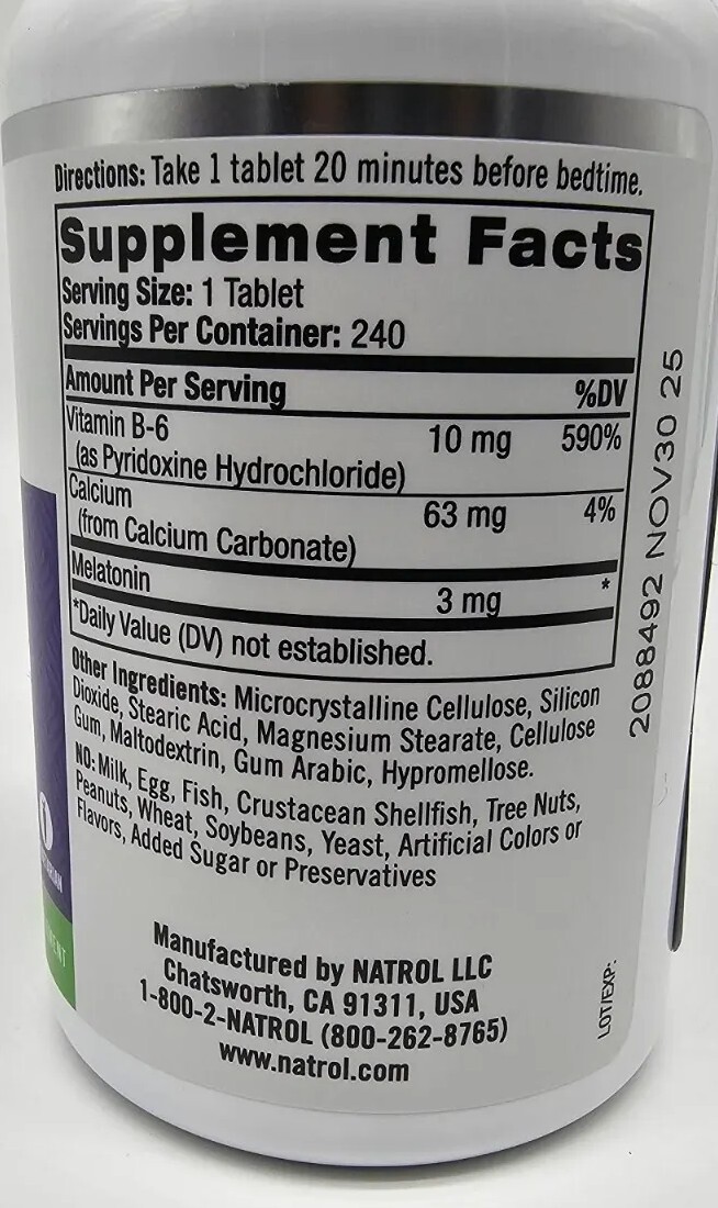 Natrol Melatonin 3 mg 240 Tablets Egg-Free, Fish Free, Milk-Free, 100% Drug Free
