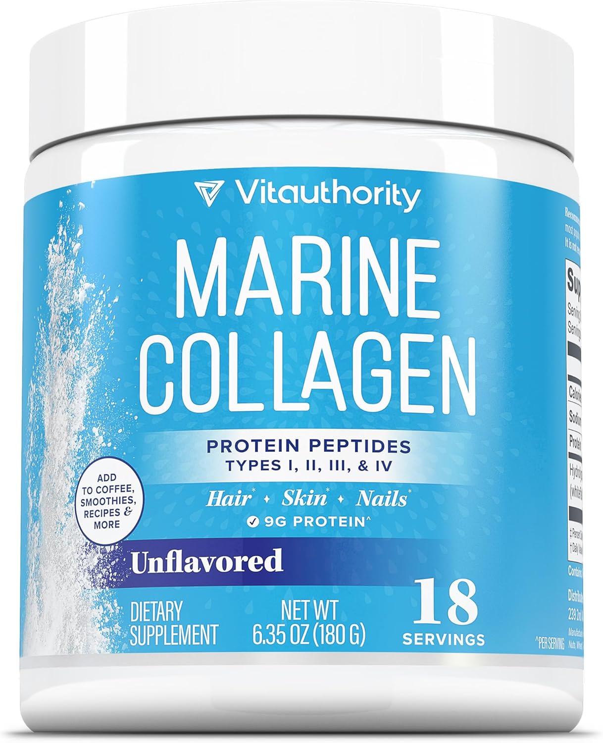 Marine Collagen Peptides Powder Unflavored 18 Servings Vitauthority