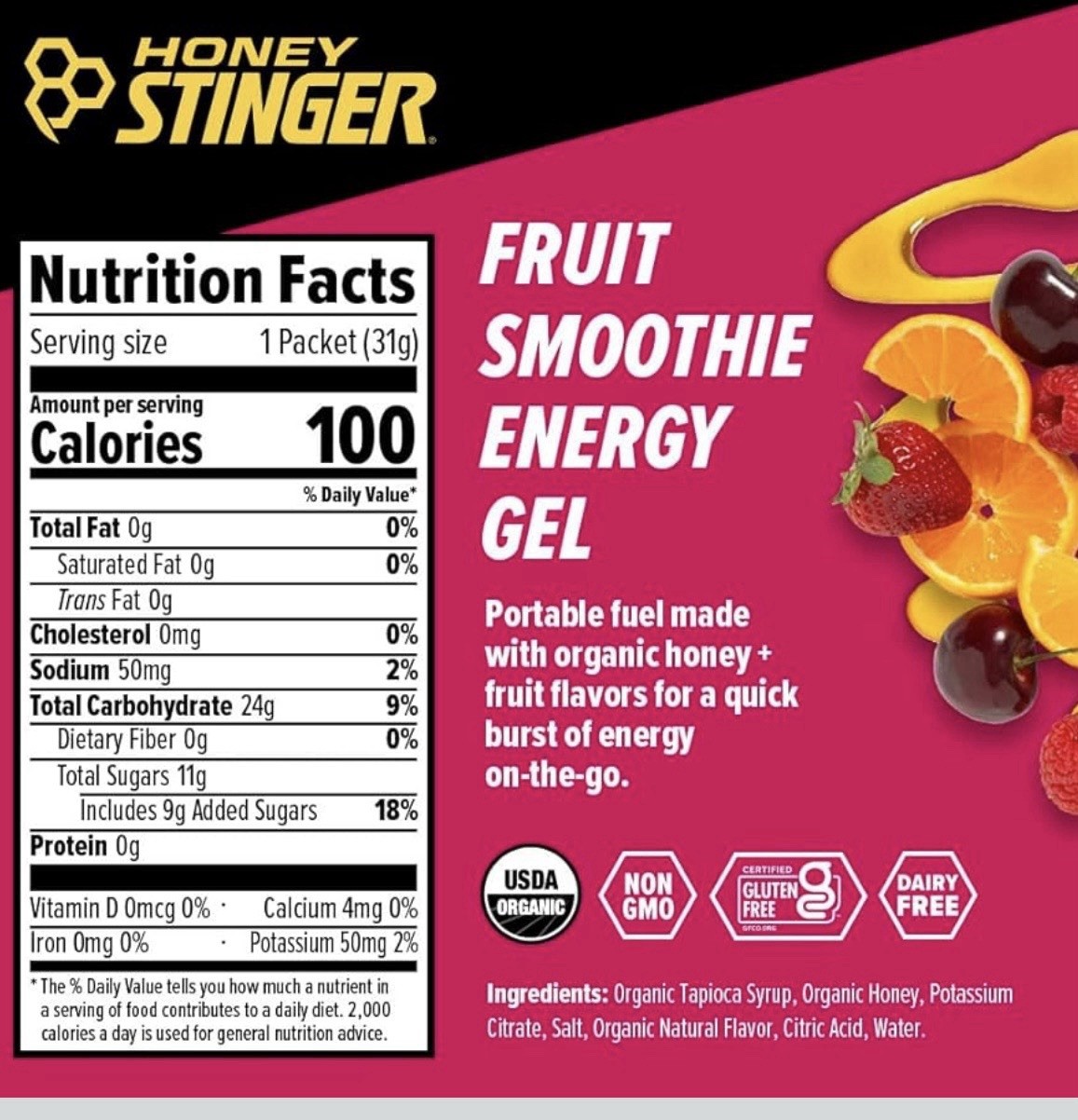 Honey Stinger Organic Energy Gels. Fruit Smoothie. 24 Packets 12/26