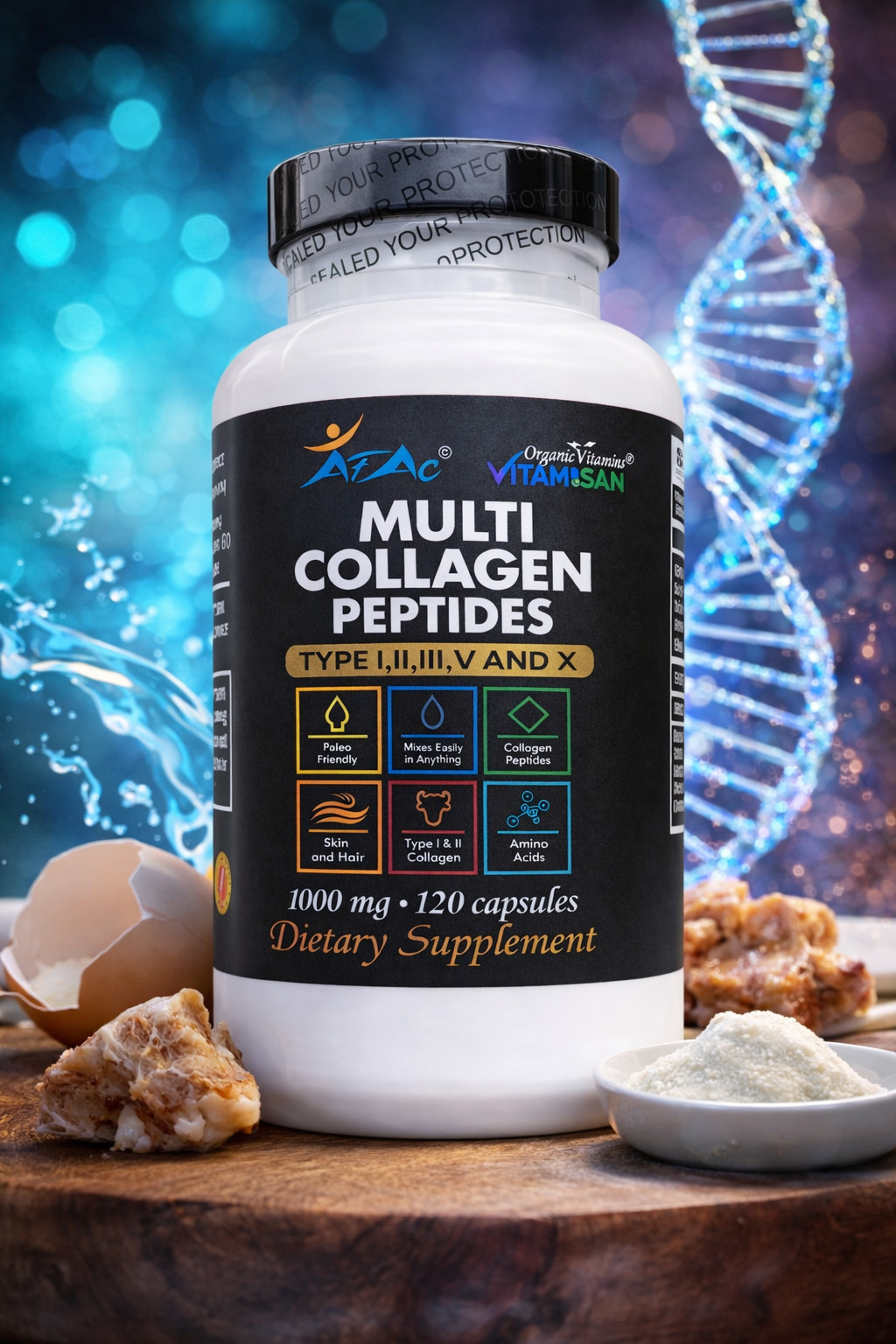 Collagen PEPTIDES Types I, II, III, V, X Colagen Anti aging support skin 120 CT