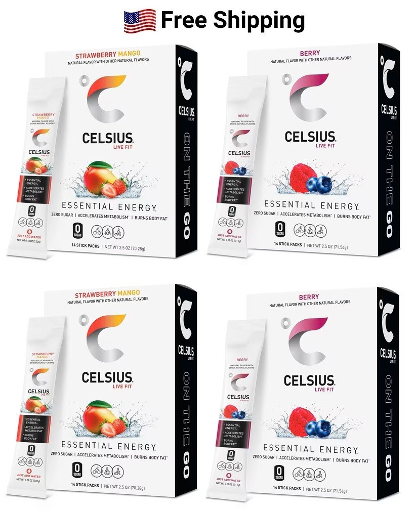 CELSIUS On The Go Energy Drink, Strawberry Mango(2), Berry(2)