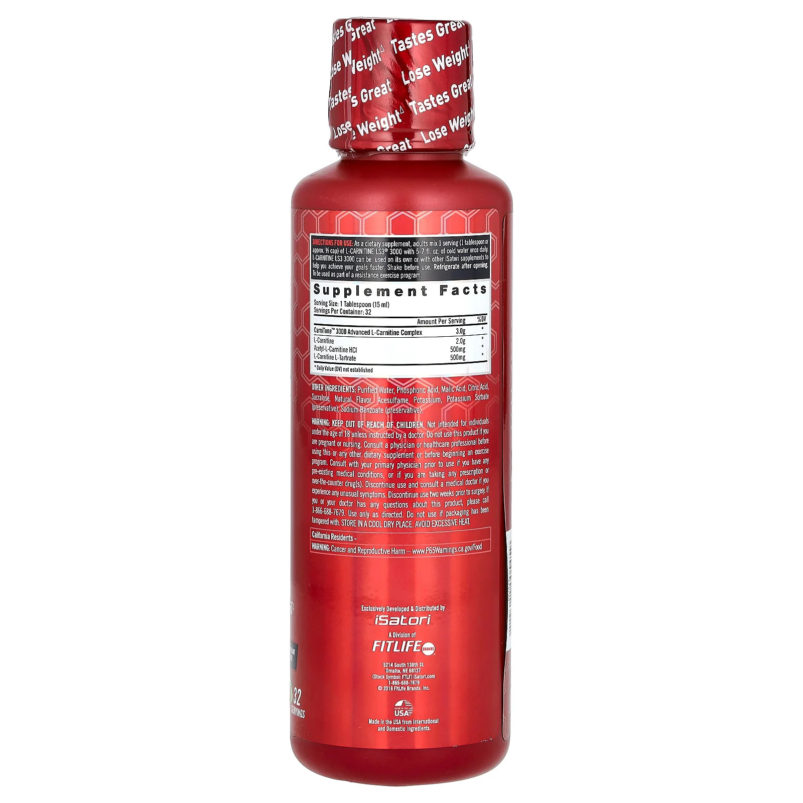 2 X Isatori, L-Carnitine LS3 3000, Lemon Lime, 3,000 mg, 16 fl oz (480 ml)