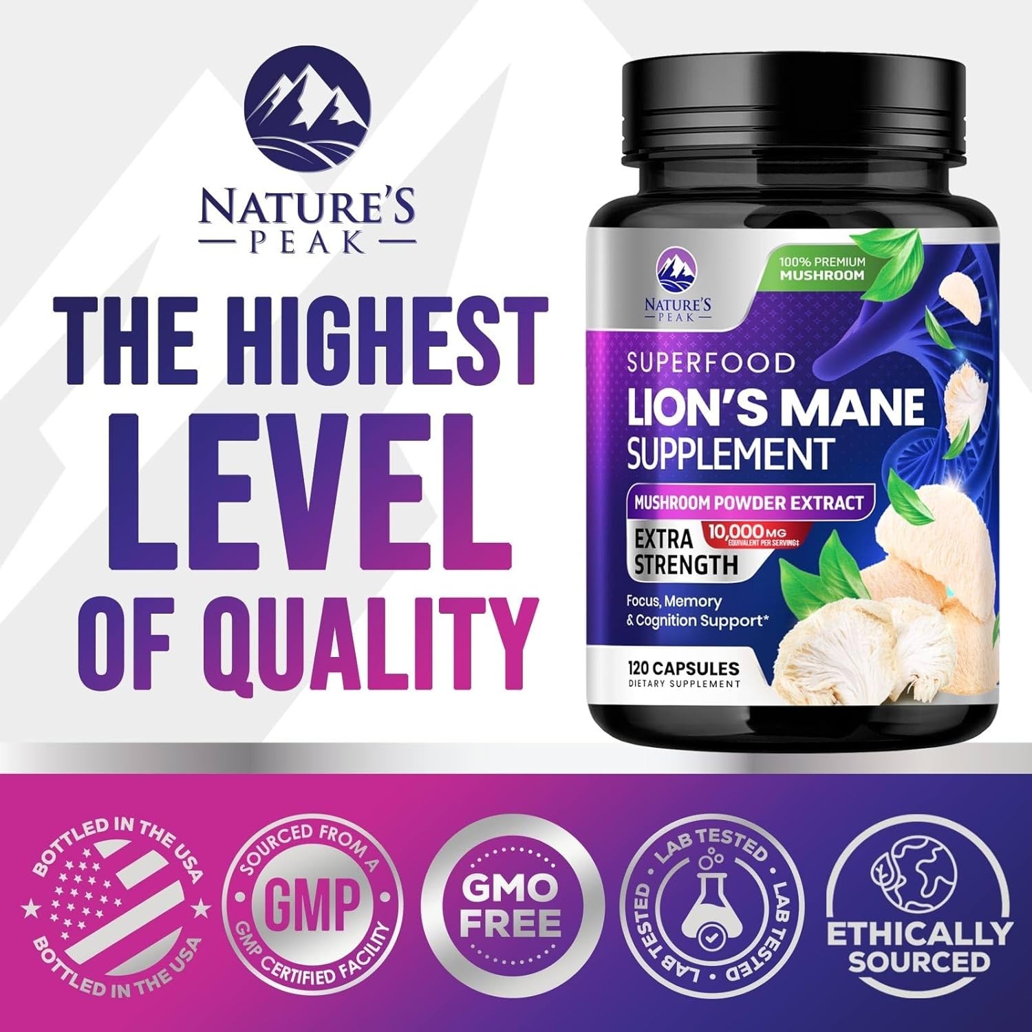 Lions Mane Supplement Capsules 10,000mg – 10:1 Extract , 120 Capsules