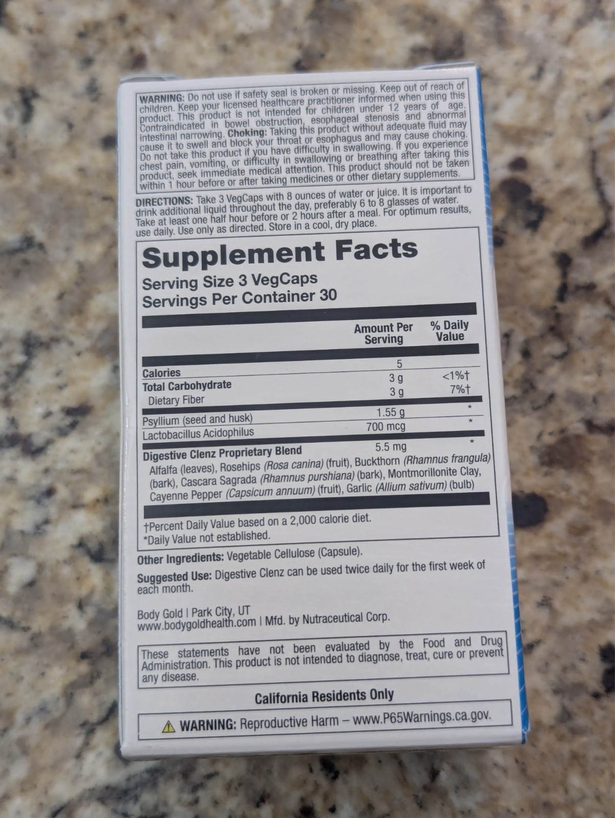 Body Gold Digestive Clenz Nature’s Cleansing Formula 90 capsules exp: 10/2027