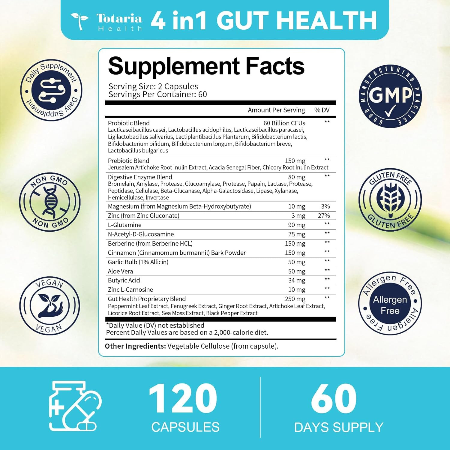 4-In-1 Gut Health Supplement with Probiotics, Prebiotics, Postbiotics & Digestiv