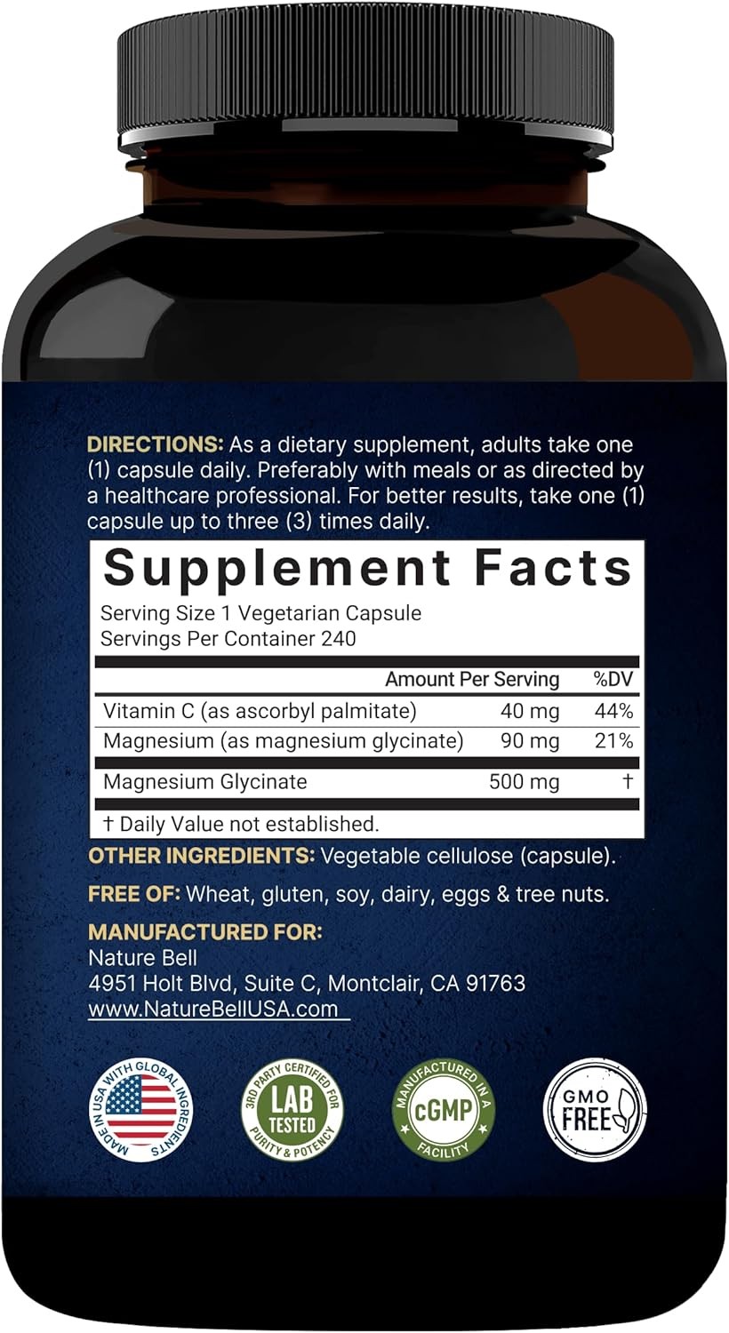 Naturebell Magnesium Glycinate 500mg – Chelated, 240 Capsules, Non-GMO