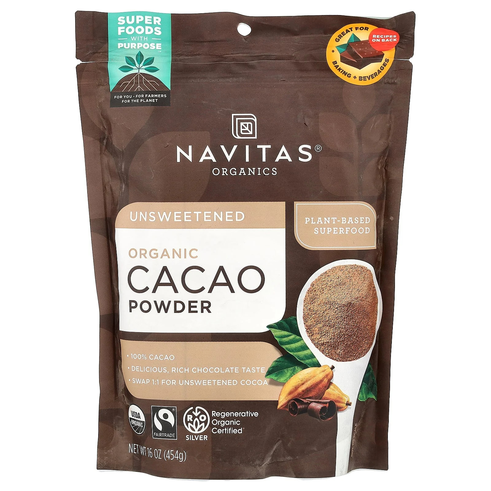 2 X Navitas Organics, Organic Cacao Powder, Unsweetened, 16 oz (454 g)