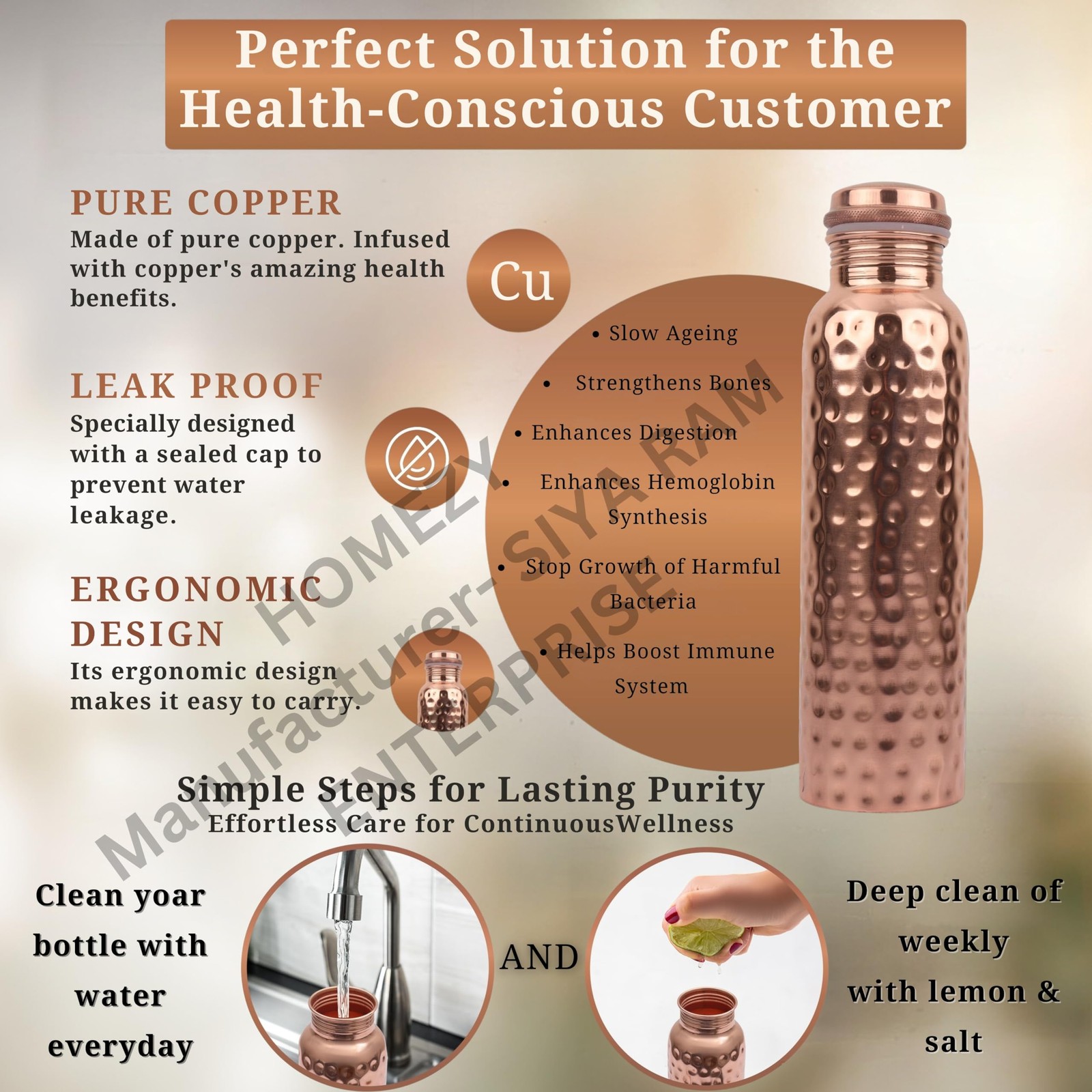 HOMEZY Copper Water Bottle (34oz/1000ml) 100% Pure 33.8 Ounces,
