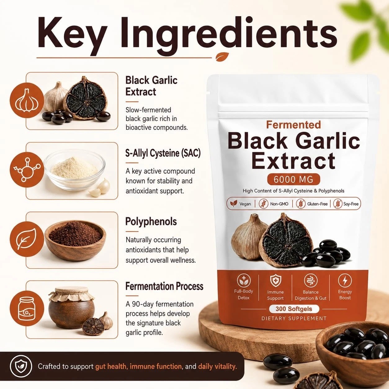 Fermented Black Garlic Extract, Natural Black Garlic Capsules, Odorless Garlic..