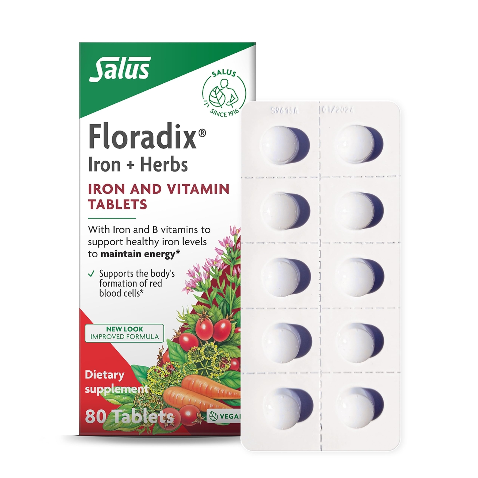 Floradix Iron Tablets w/ Vitamin C & Folic Acid Energy Support 80 Ct