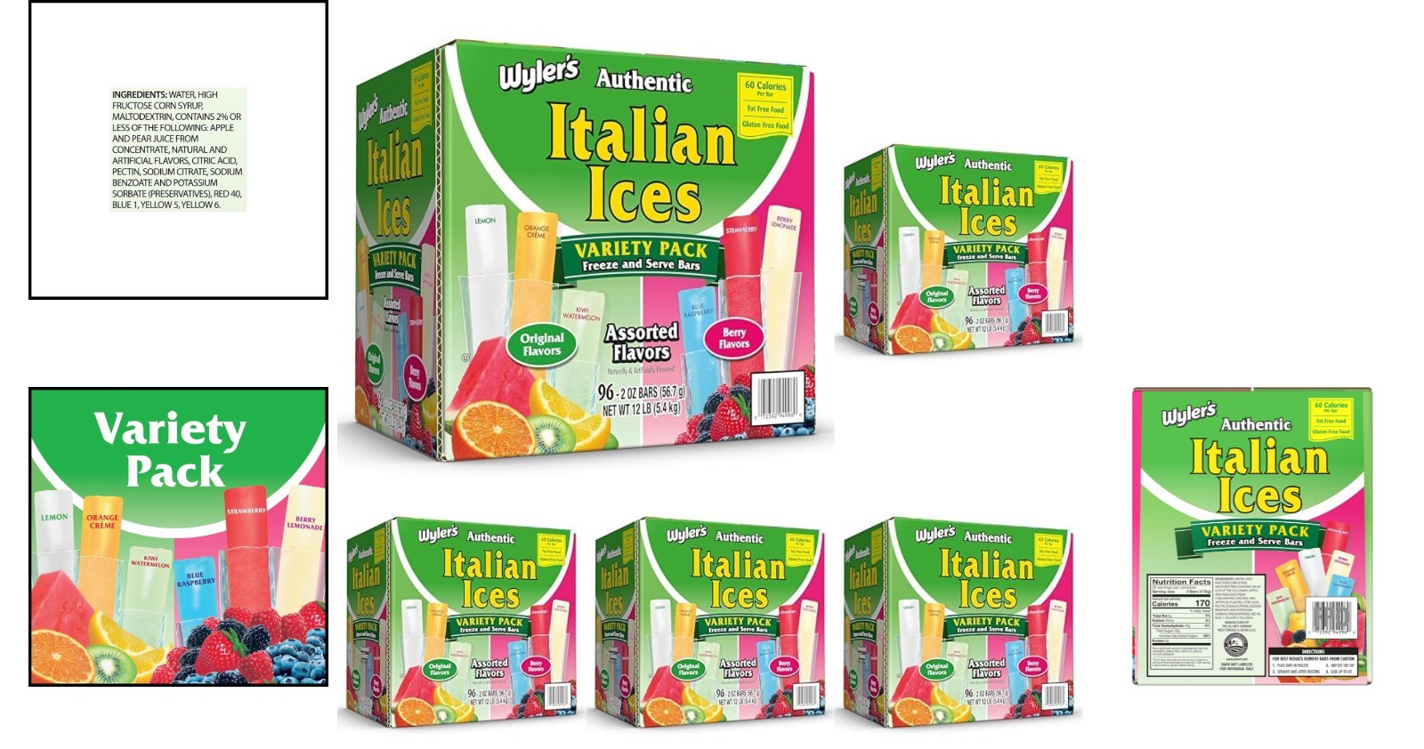 Authentic Italian Ice Freezer Bars – Fat Free, 96 Count of 6 Refreshing Flavors