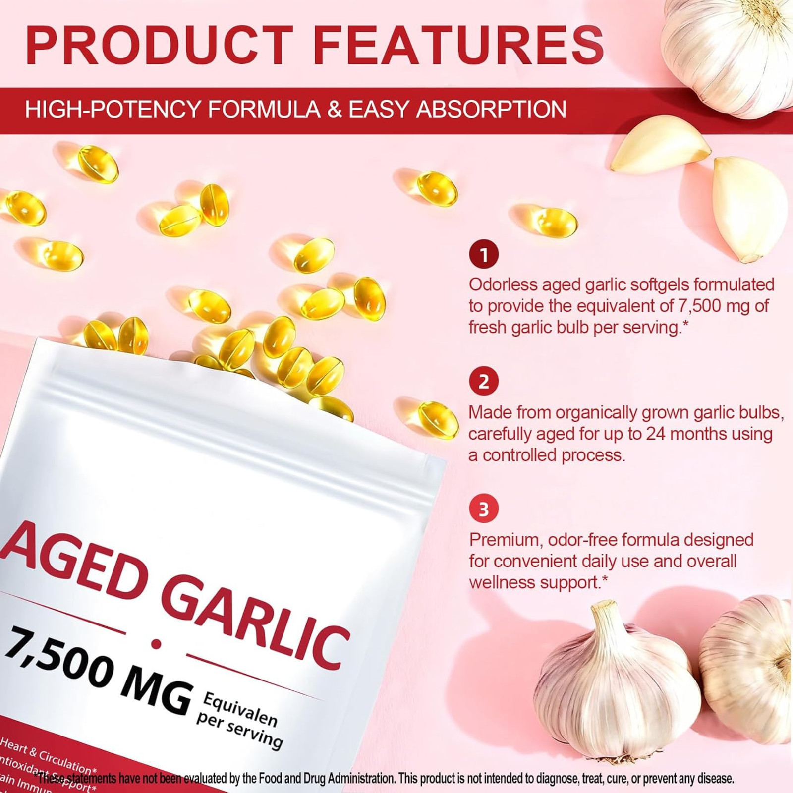 Odorless Garlic 7500Mg per Servings, 300 Softgels | 2 Years Aged Garlic Extra…