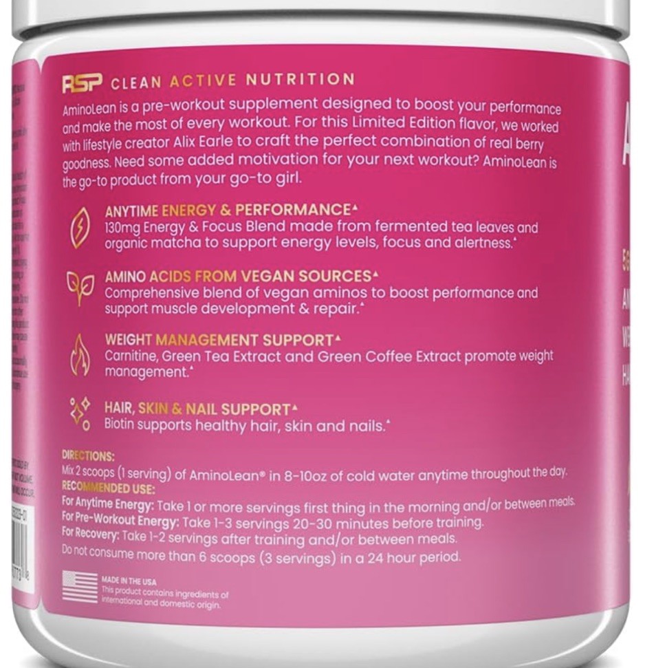 RSP Amino Lean Alix Earle Berry Alixir Energy Pre Workout Powder 6.7oz Hair Nail