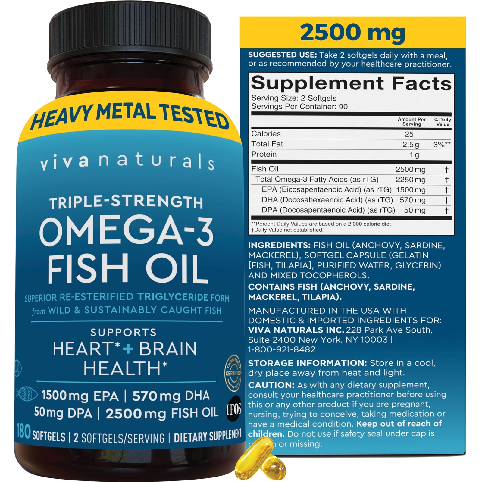 Omega 3 Fish Oil Supplement for Women and Men – 2500 mg Triple Strength Fish Oil