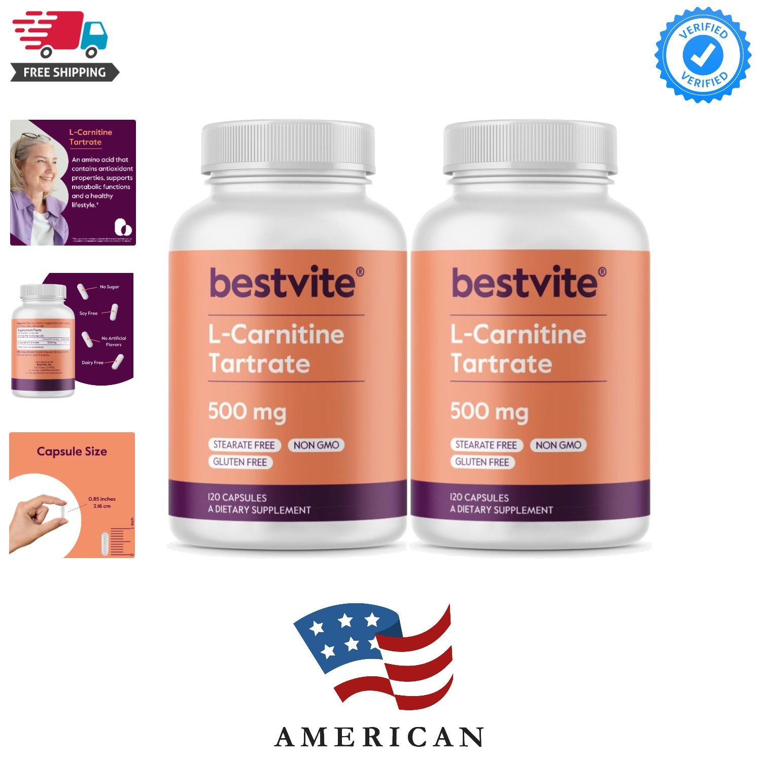 L-Carnitine Tartrate 500mg per Capsule 240 Capsules120x2 – No Stearates – Non…