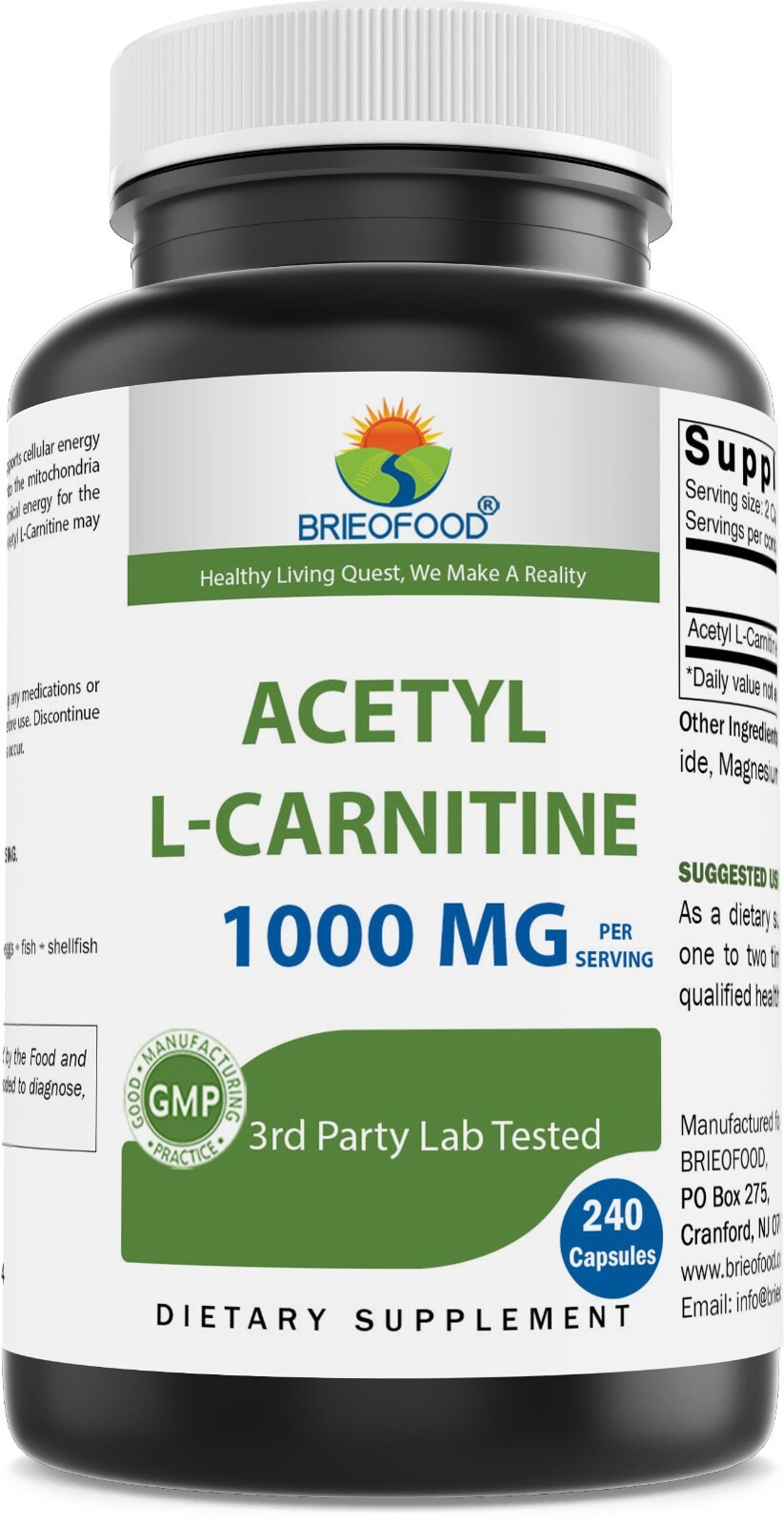Brieofood Acetyl L-Carnitine 1000 mg Per Serving- 240 Capsules. Gluten-Free