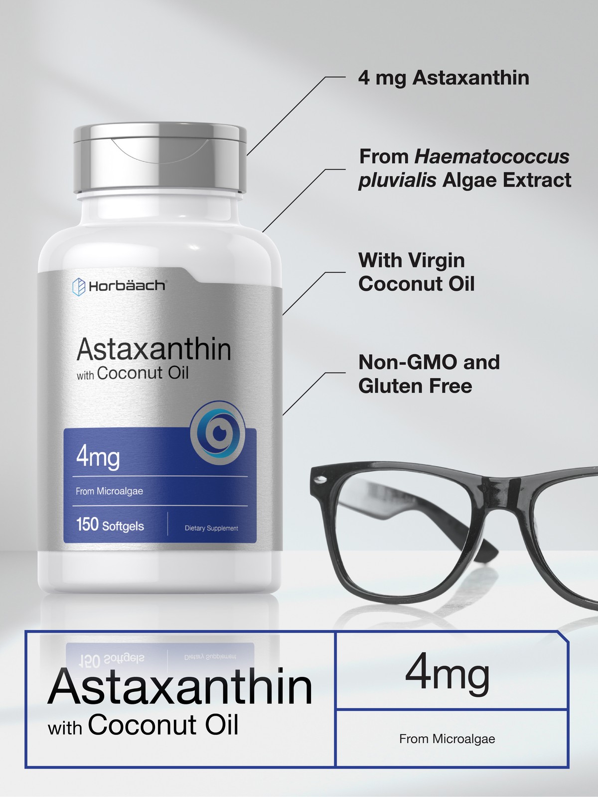 Astaxanthin 4mg 150 Softgels | with Coconut Oil | from Microalgae | by Horbaach