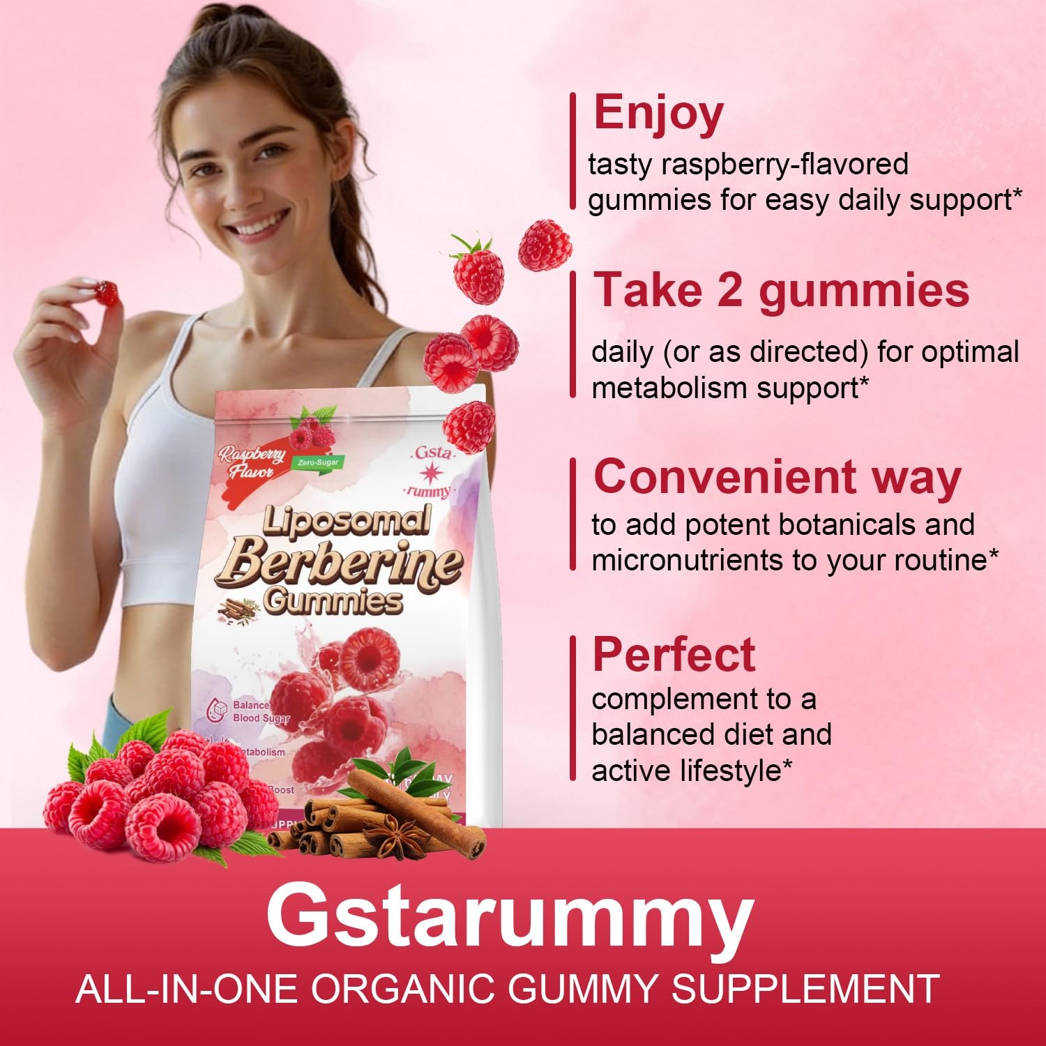 Liposomal Berberine Gummies 1500mg Ceylon Cinnamon Raspberry 120 Count 60 days
