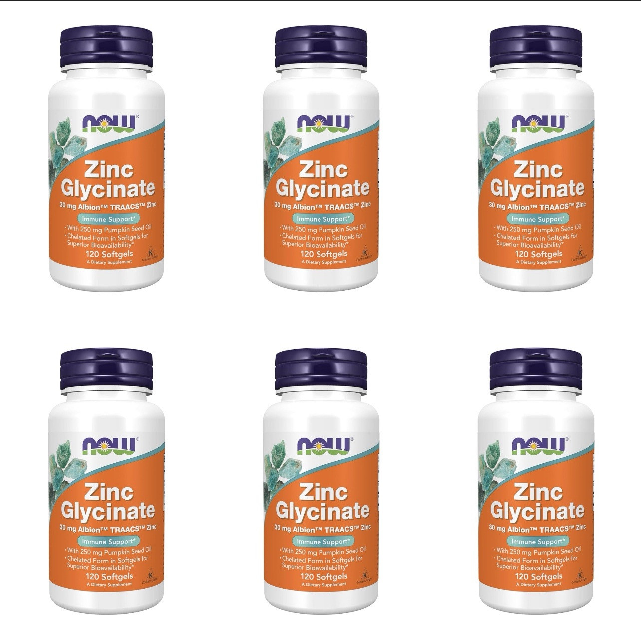 6 Bottles Now Foods Zinc Glycinate 720 Softgel Immune Support 250mg Pumpkin Oil