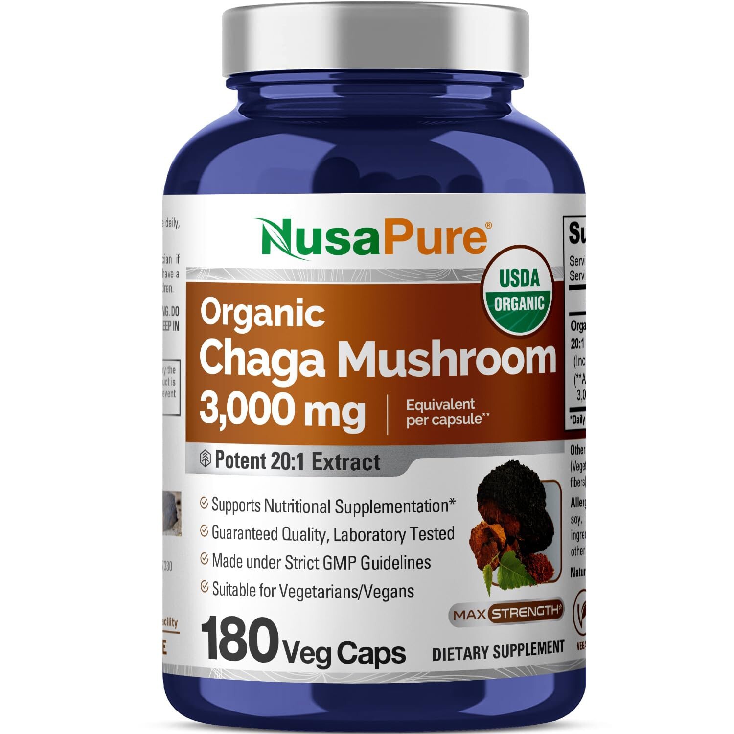 NusaPure Chaga Mushroom 3000 mg per Veggie Capsule, 180 Count, USDA Organic