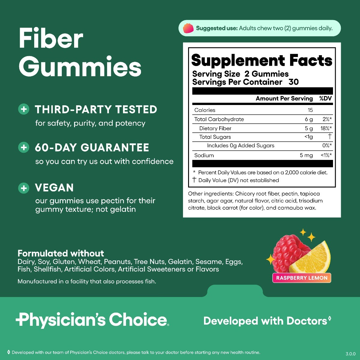 Physician’s Choice Sugar Free Prebiotic Fiber Gummies Gut Regularity Vegan 60ct