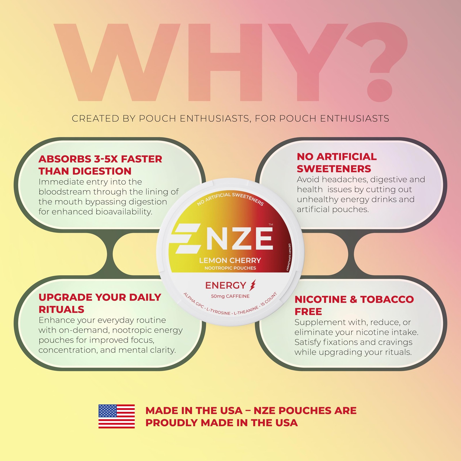 NZE Caffeine Nootropic Pouches Lemon Cherry Energy Pouches with 50mg Caffein…