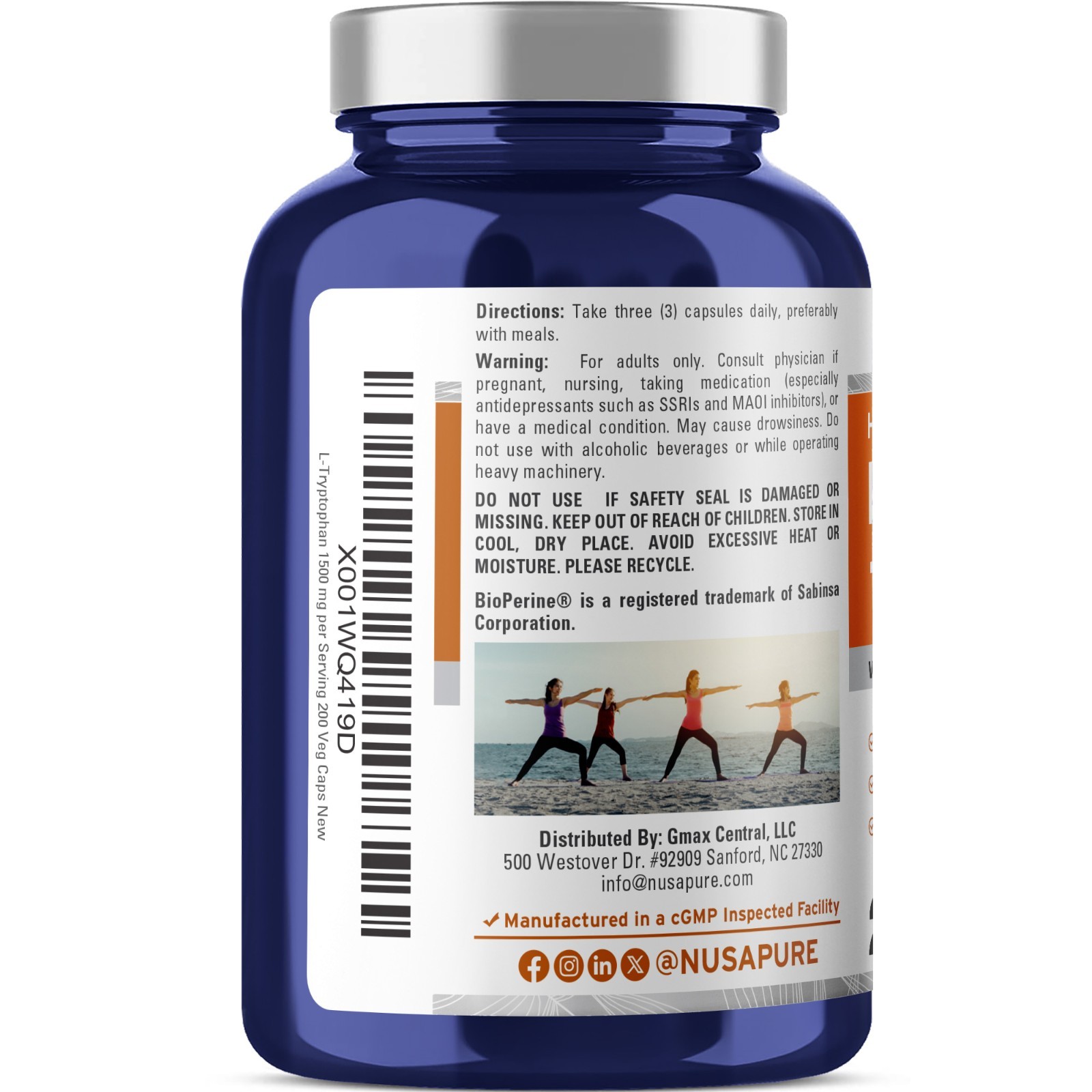 NusaPure L-Tryptophan 1500mg 200 Vegetarian Caps (Non-GMO)