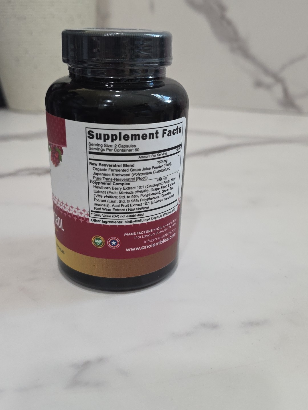 Ancient Bliss Trans-Resveratrol 1500mg w/ Polyphenol Complex 120Caps Resveratrol