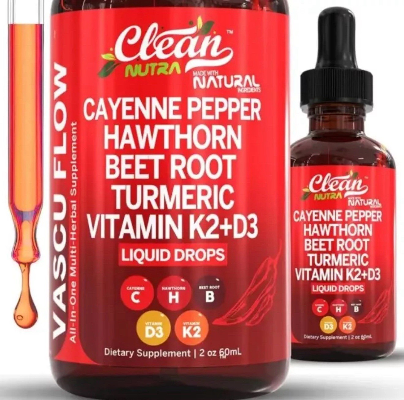 Clean Nutra Organic Cayenne Pepper Liquid Drops Supplement Vitamin D3 K2 60ml