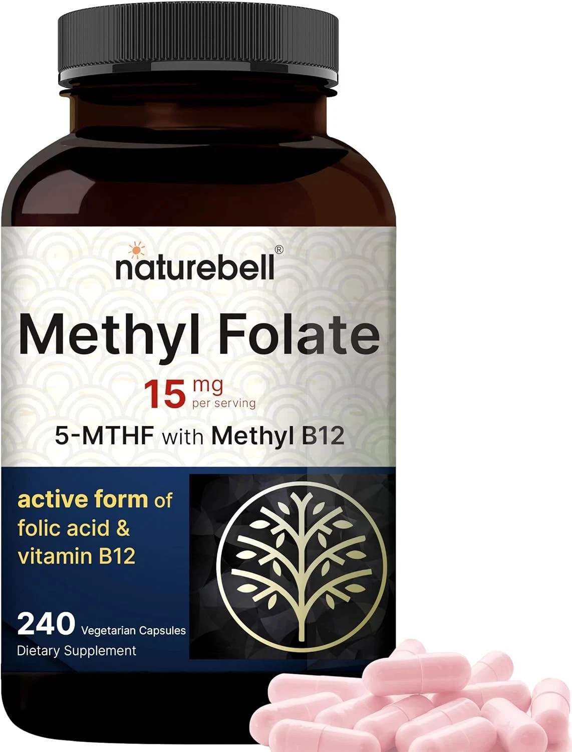 Naturebell L-Methylfolate 15Mg with Methyl B12, 240 Veggie Capsules, 5-MTHF