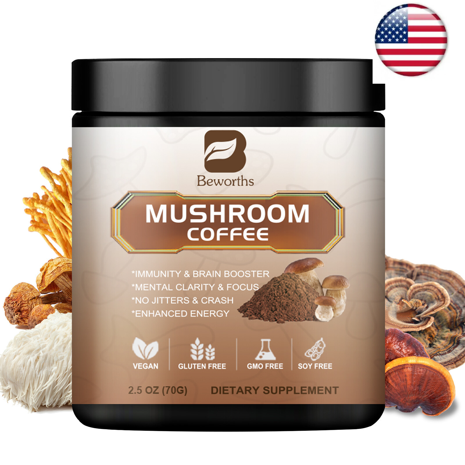 70g Mushroom Coffee Powder Lions Mane Reishi Immunity & Brain Booster