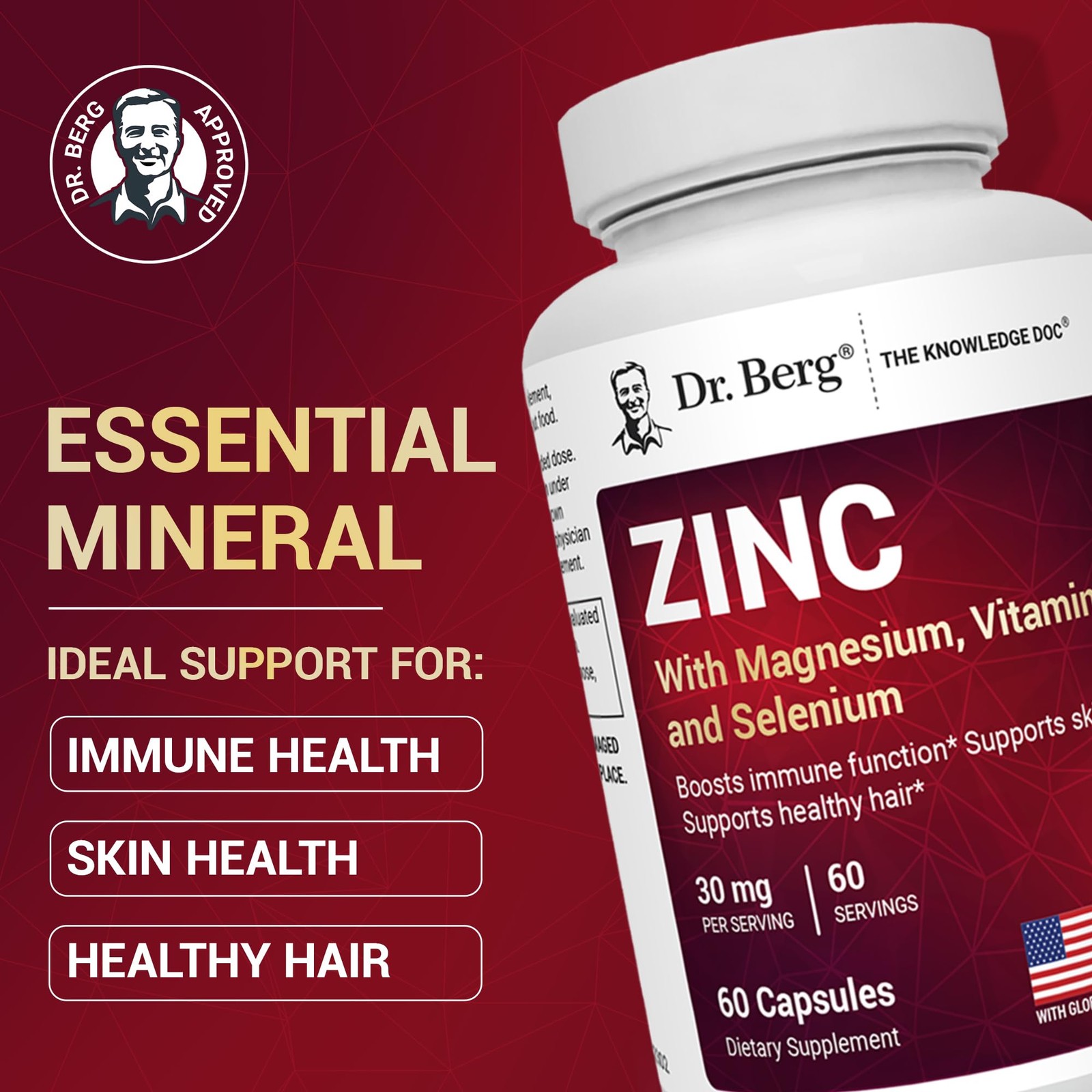 Dr. Berg Zinc 30mg Enhanced with Magnesium, Vitamin D3, 60 Count (Pack of 1)