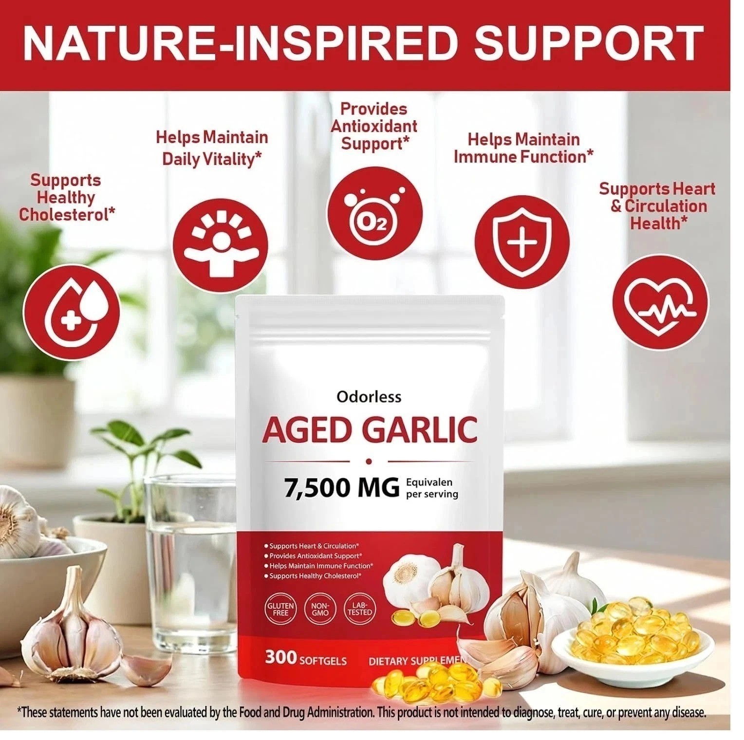 1 PACK Elare Aged Garlic Extract, 300 Softgels, 7500mg Odorless | Heart & Immune