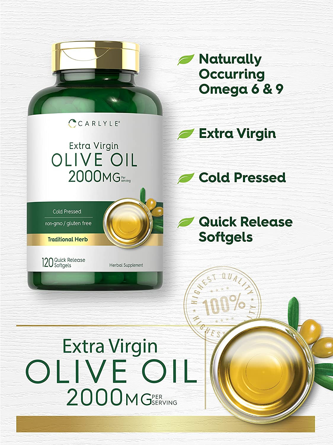 Carlyle Olive Oil Extra Virgin 2000Mg | 120 Softgel Capsules | Cold Pressed | No